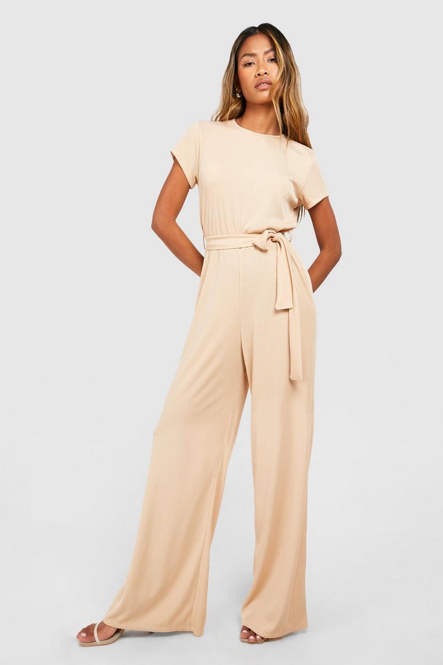 Stone Slouchy Belted Soft Rib Jumpsuit image number 1