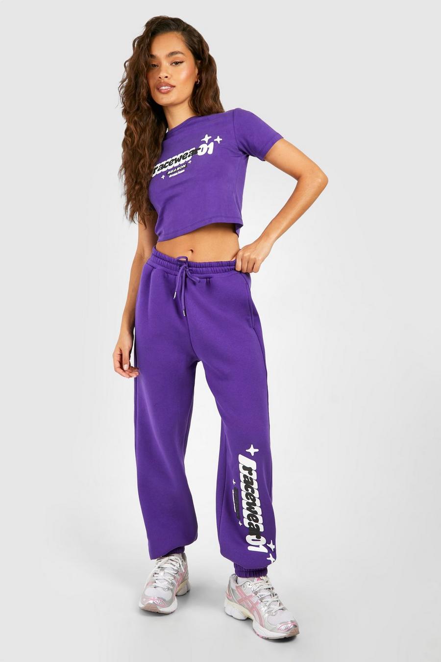T-Shirt mit Motorsport-Print & Jogginghose mit geradem Bein, Purple