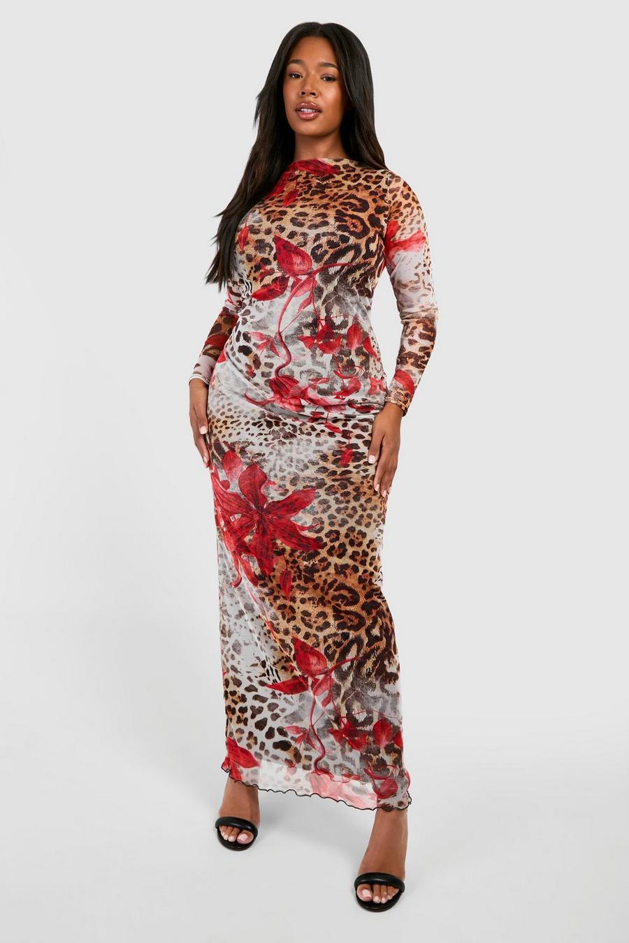 Vestito maxi Plus Size in rete stile leopardato a fiori con scollo profondo sul retro, Brown