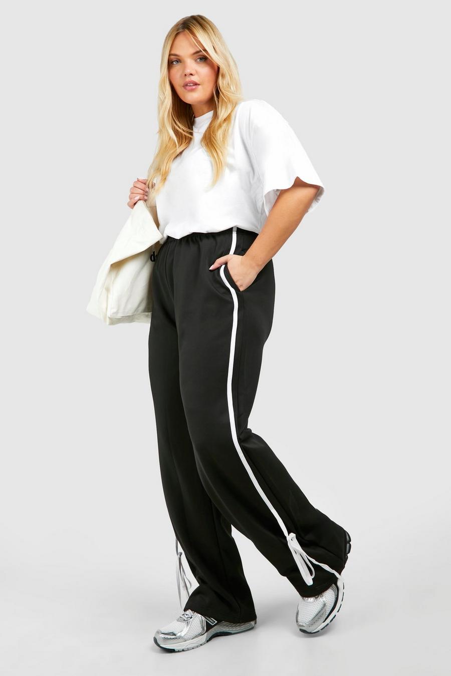 Pantaloni tuta Plus Size con striscia laterale e fiocco, Black