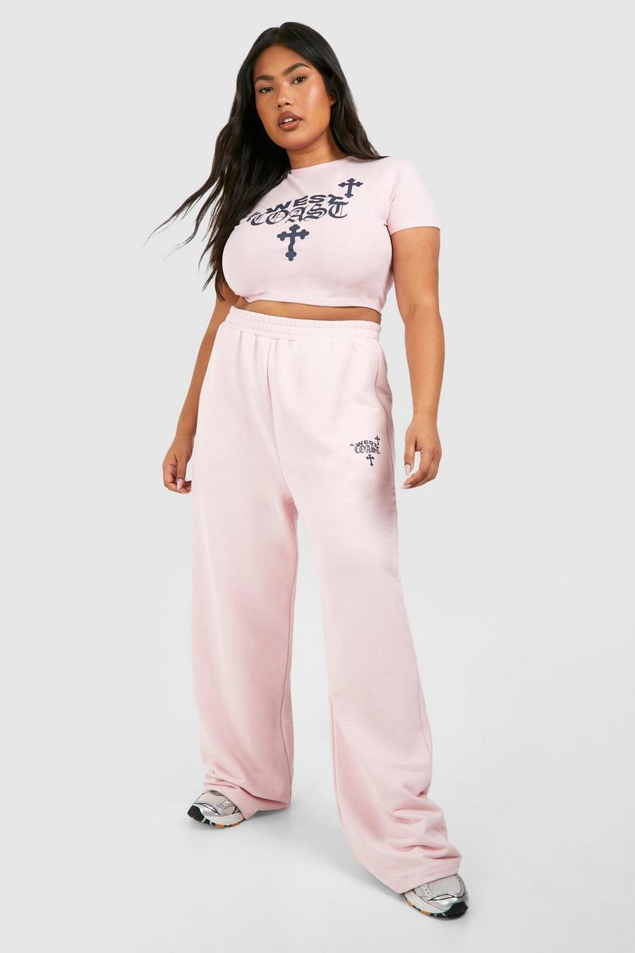 Set Plus Size T-shirt corto con stampa West Coast a croce & pantaloni tuta dritti, Baby pink