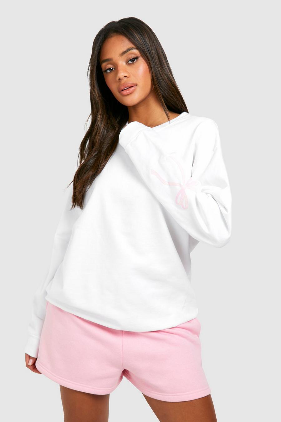 White Bow Sleeve Print Oversized Sweatshirt  image number 1