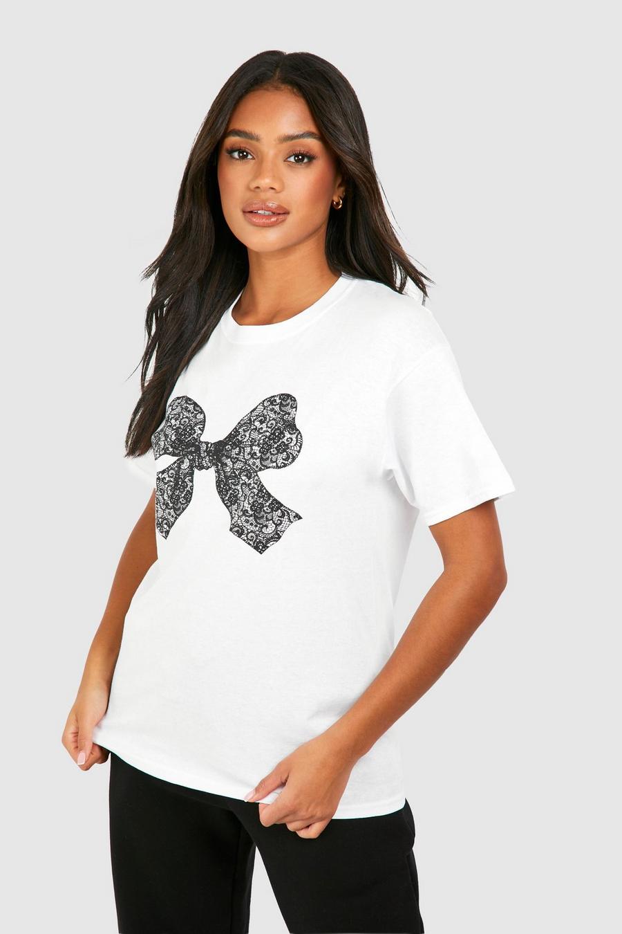 Camiseta oversize con estampado de encaje y lazo, White image number 1