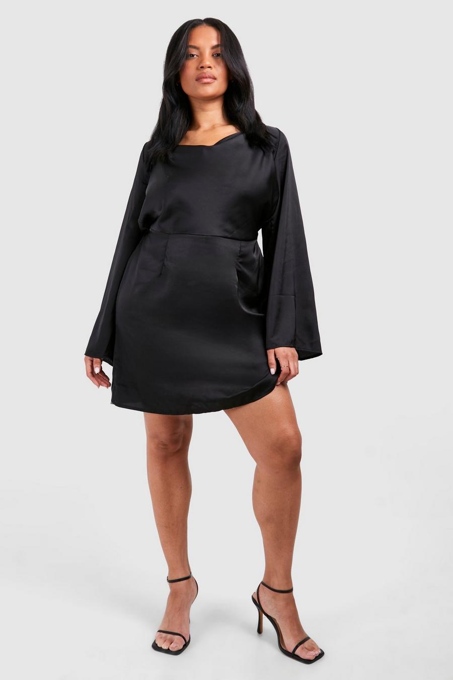 Black Plus Textured  Cowl Flared Sleeve Mini Dress 