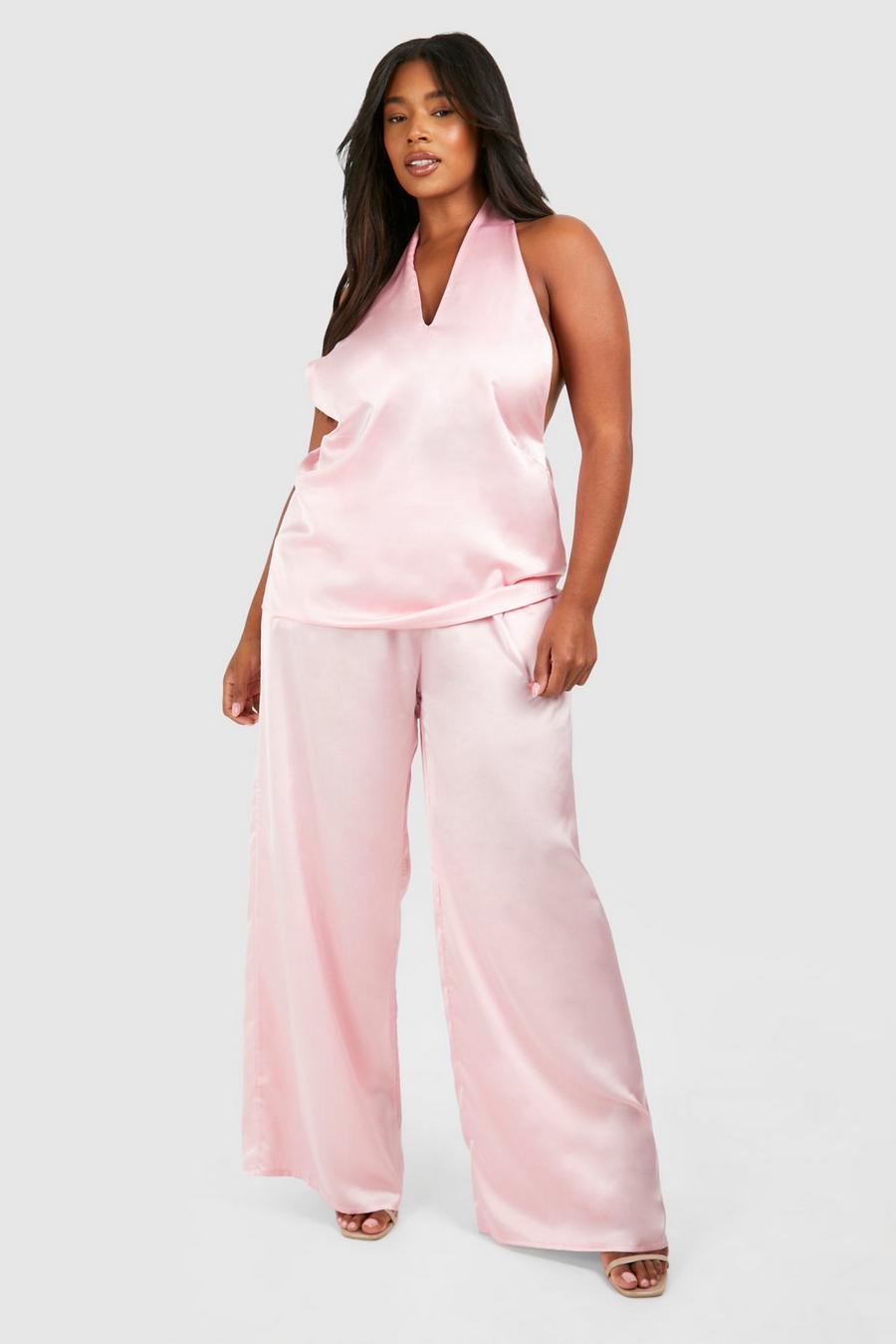 Pantalón Plus entallado de raso con pernera ancha, Pale pink image number 1