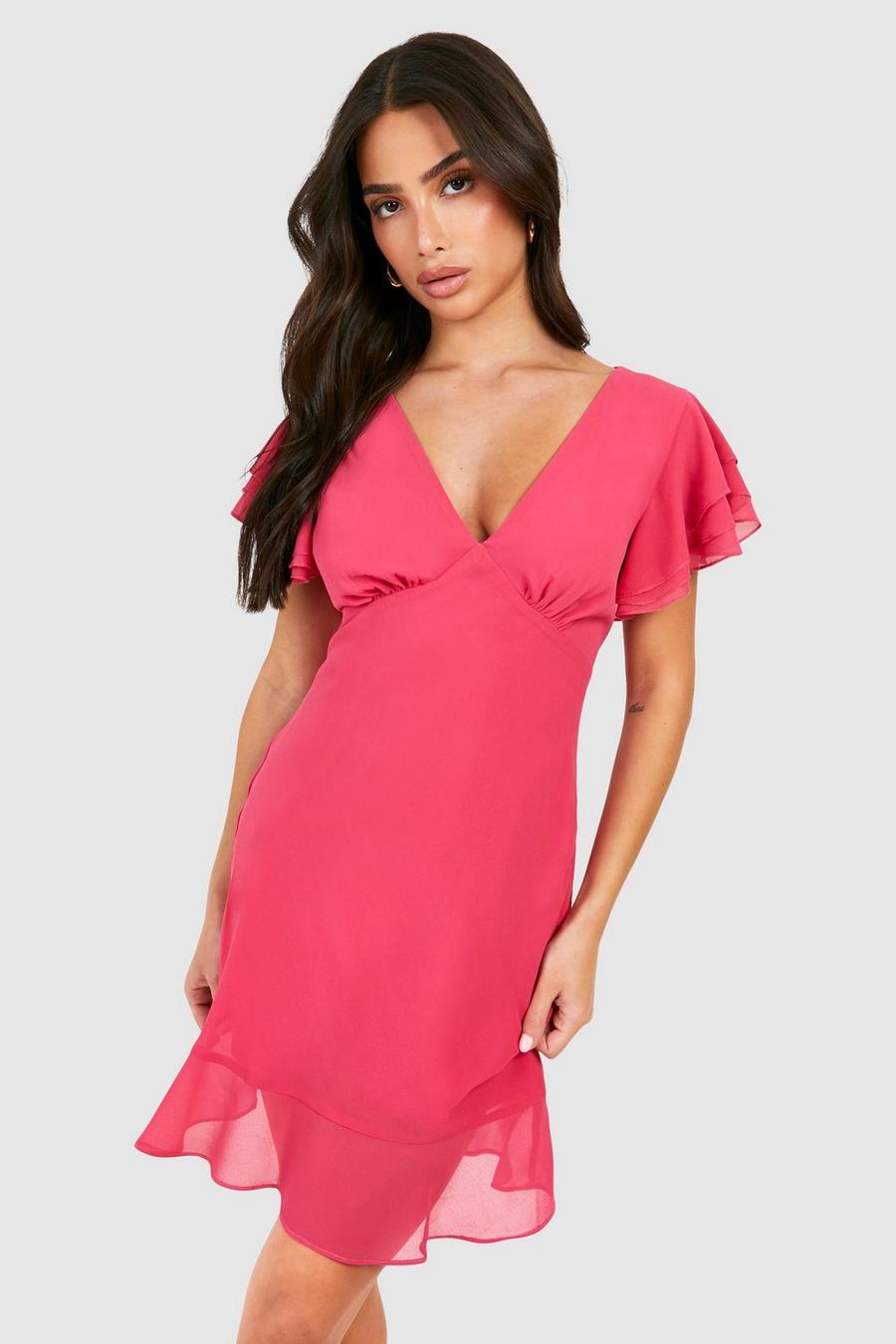 Hot pink Petite Chiffon Frill Shoulder Mini Dress