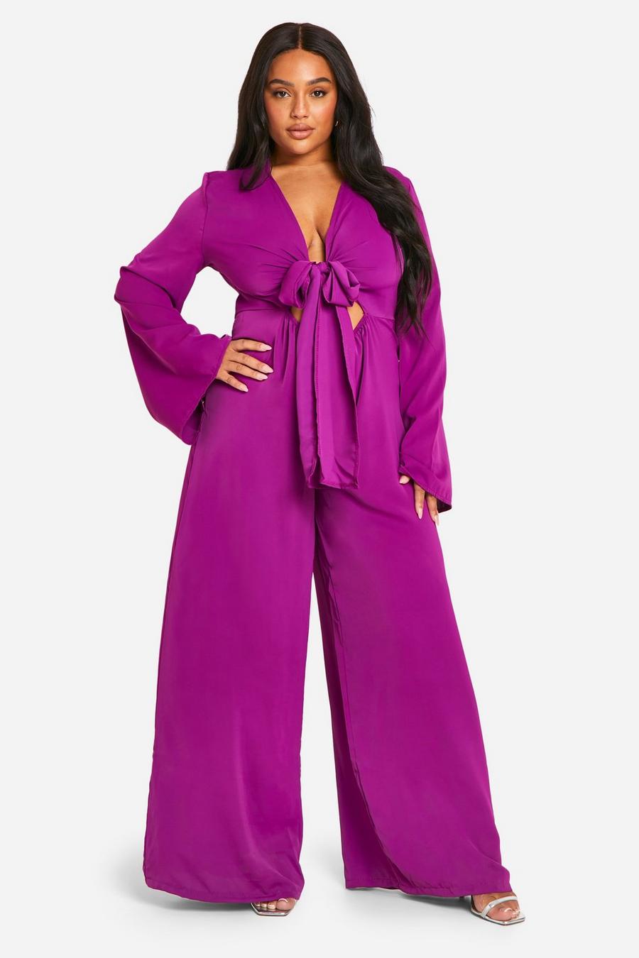 Purple Plus Woven Knot Front Plunge Wide Leg Jumpsuit