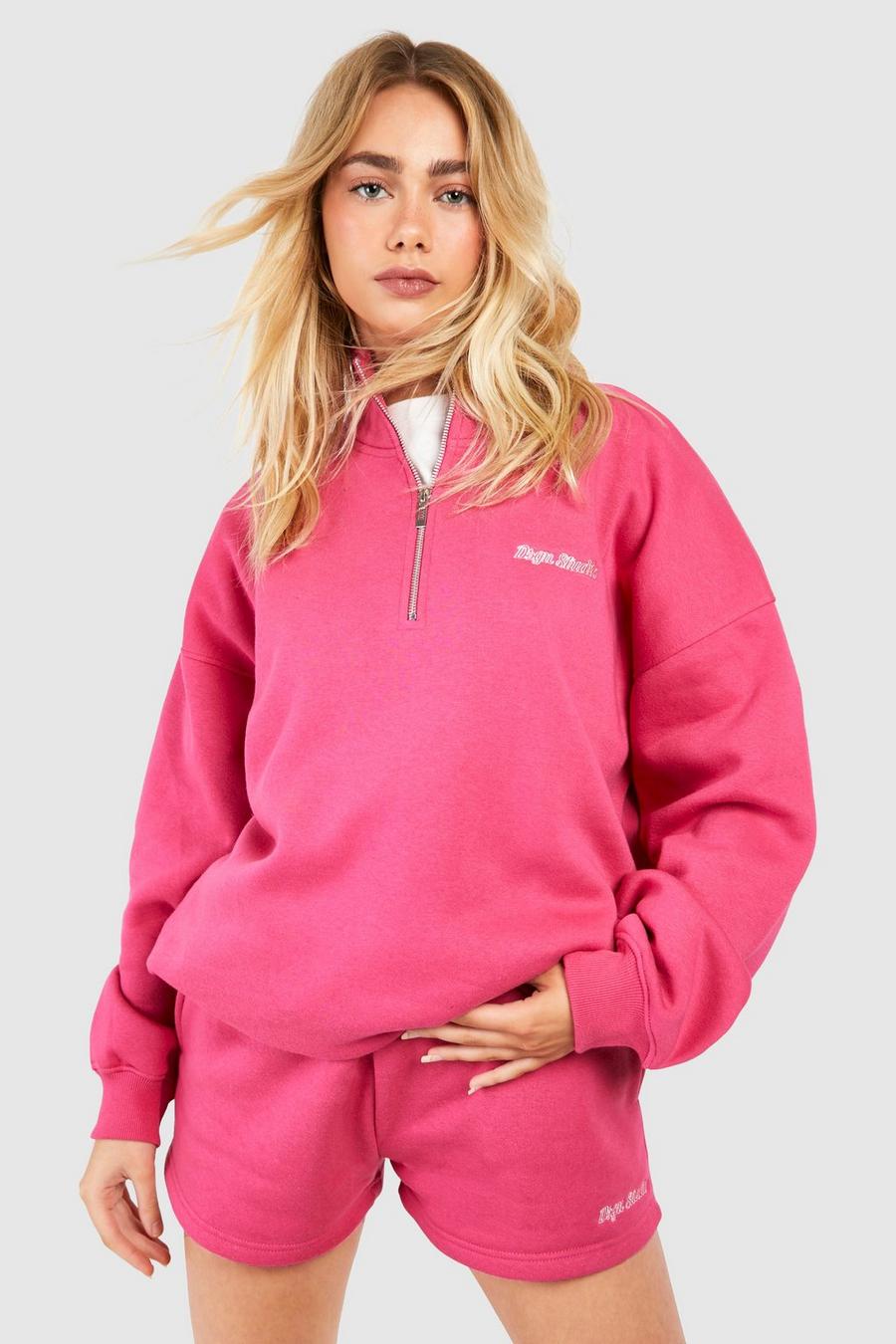Oversize Sweatshirt mit Dsgn Studio Schriftzug und halbem Reißverschluss, Hot pink