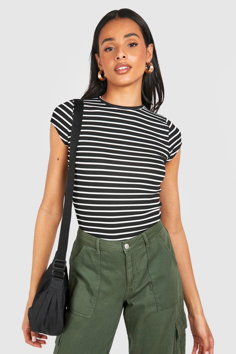 Black Tall Ribbed Striped Cap Sleeve Bodysuit  image number 1