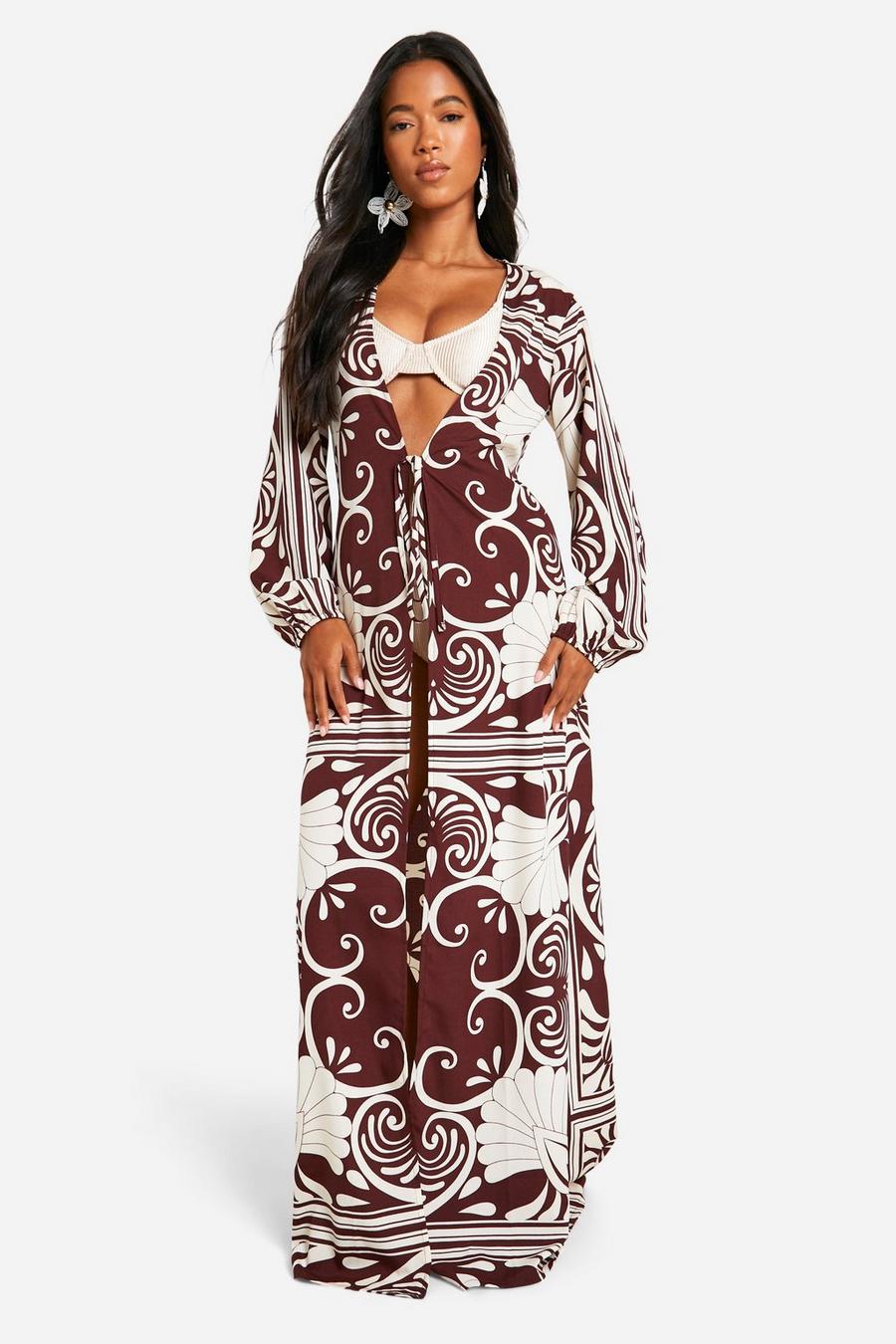 Dark brown Abstract Maxi Beach Cover Up