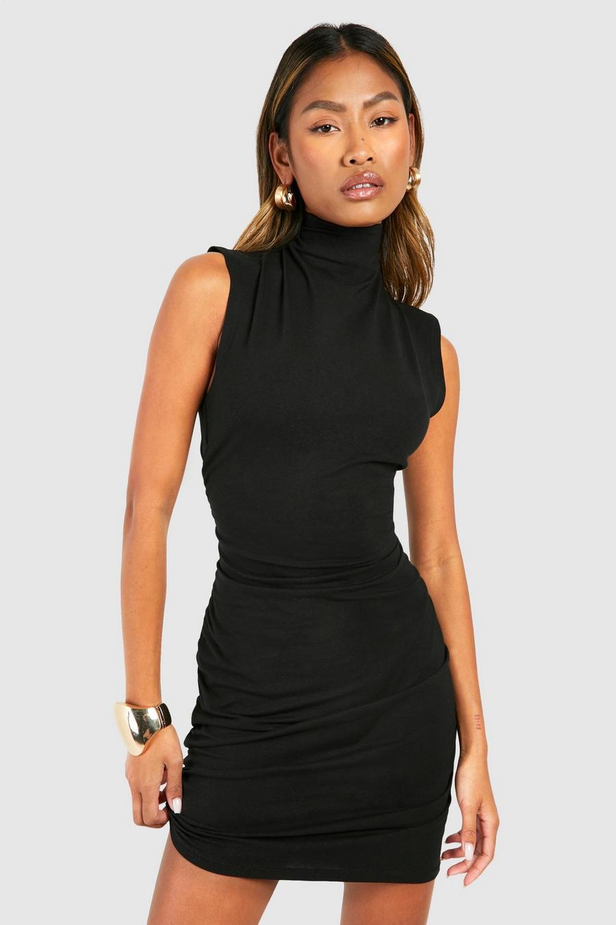 Vestido mini Premium súper suave fruncido con cuello alto, Black image number 1