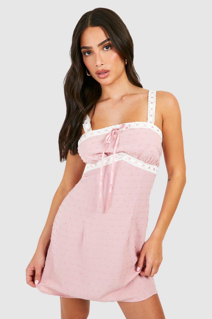 Pink Petite Textured Woven Lace Trim Mini Dress  image number 1