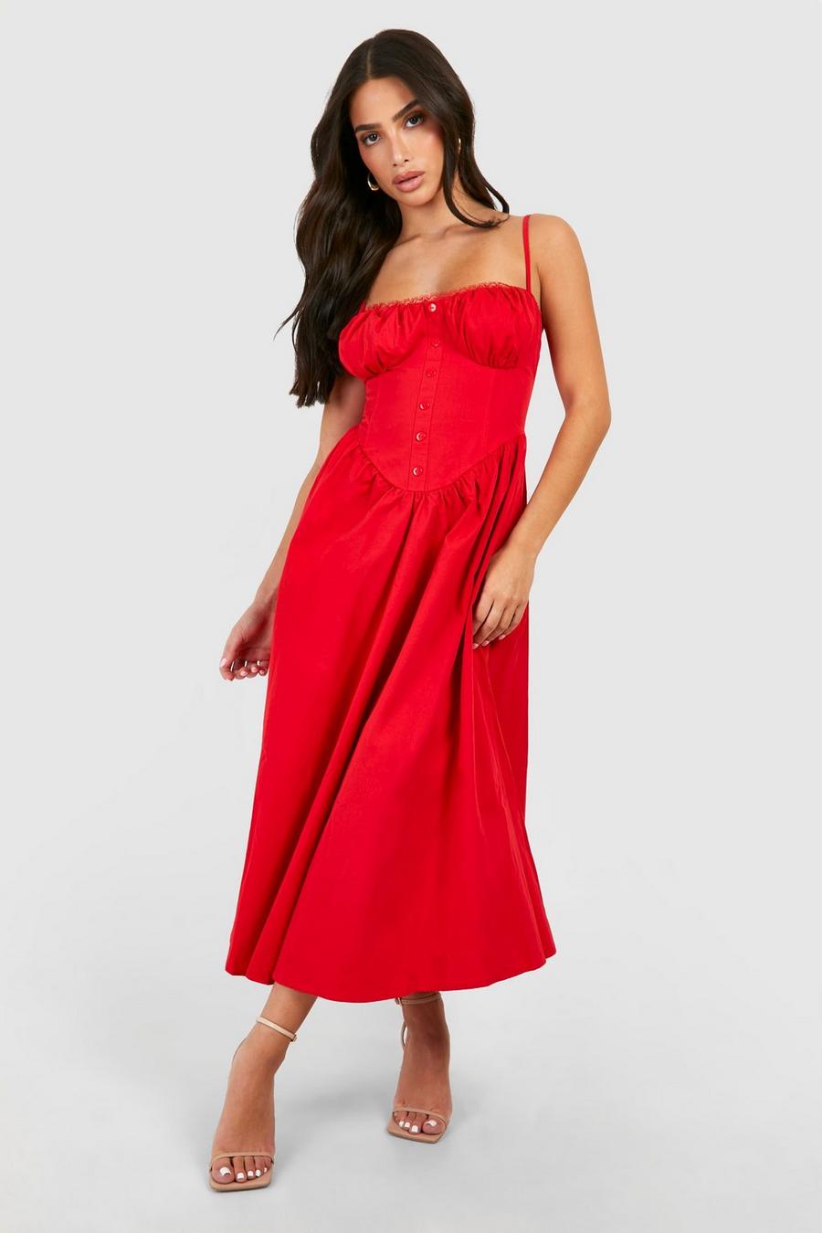 Red Petite Strappy Milkmaid Midi Dress image number 1
