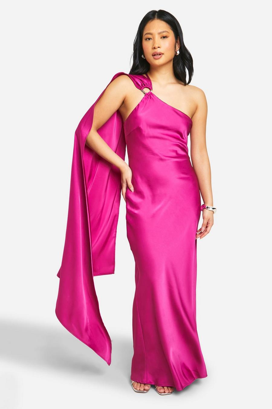 Hot pink Petite Satin Draped Shoulder Maxi Dress