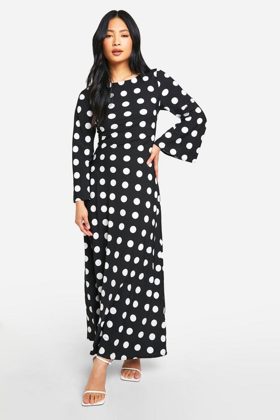Black Petite Polkadot Print Flare Sleeve Maxi Dress