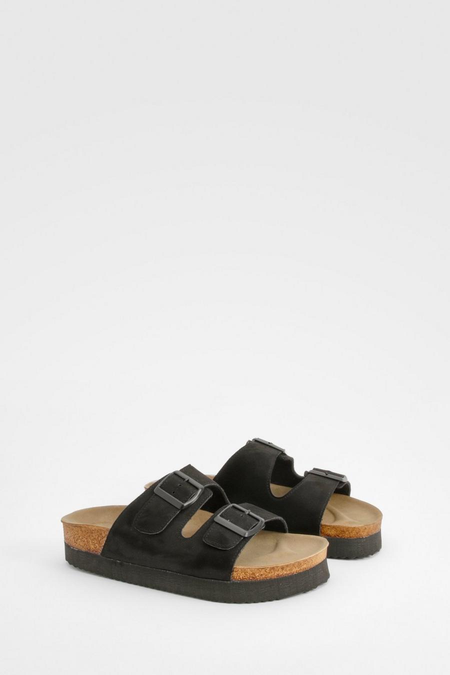 Sandalias de holgura ancha con plataforma, hebilla doble y plantilla moldeada, Black