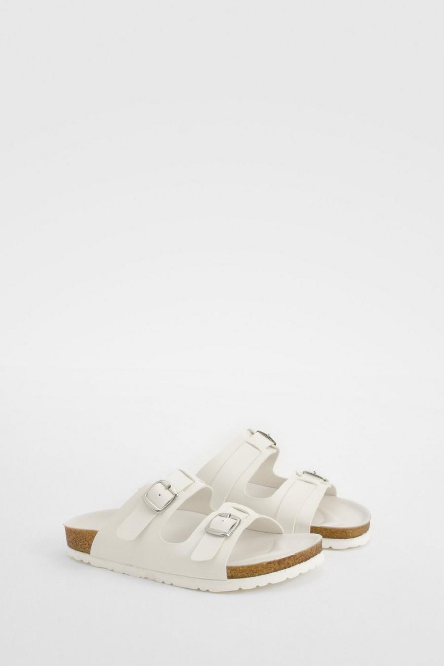 White Wide Fit Buckle Detail Footbed Sliders  image number 1