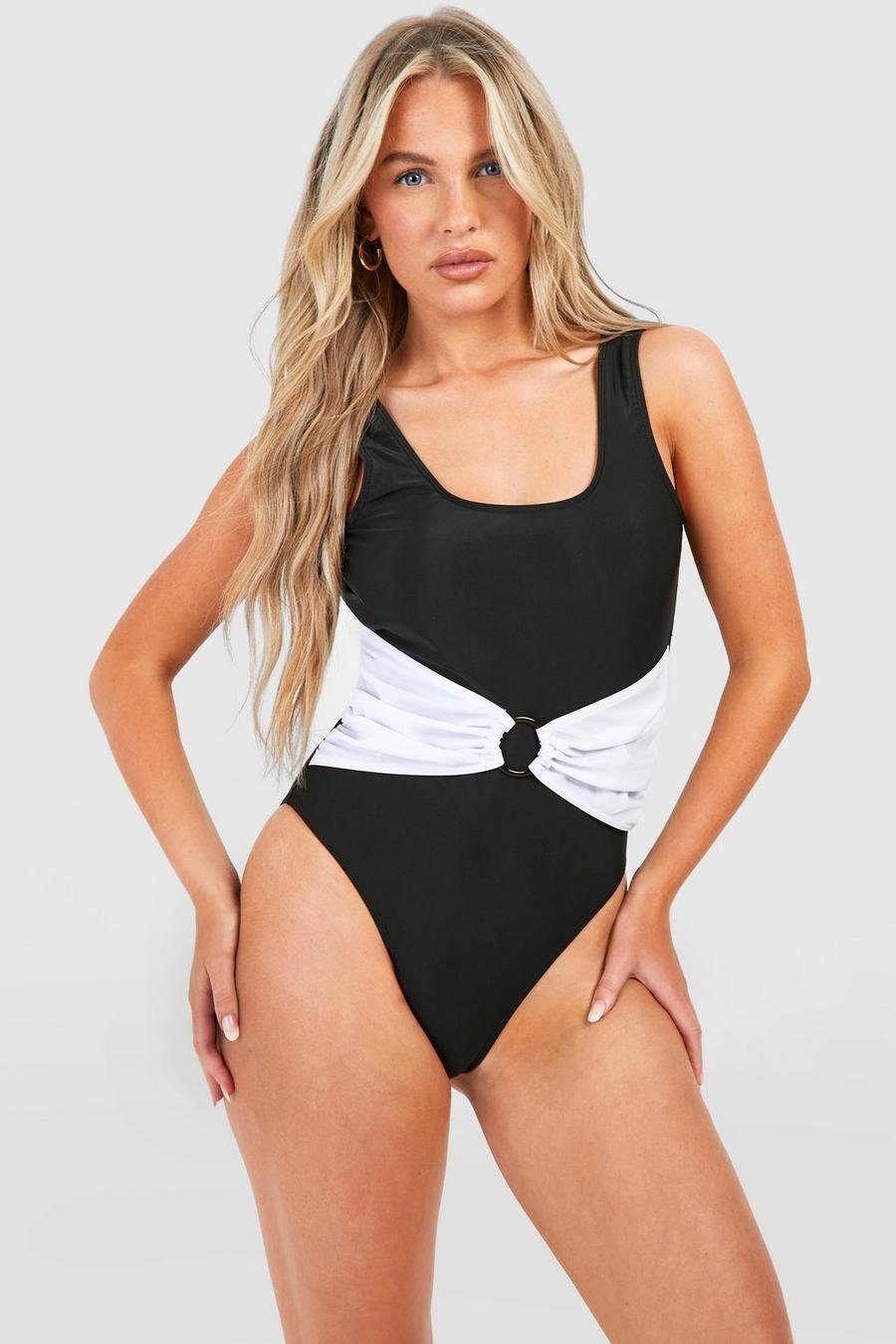 Black Tummy Control Color Block O-Ring Scoop Swimsuit image number 1