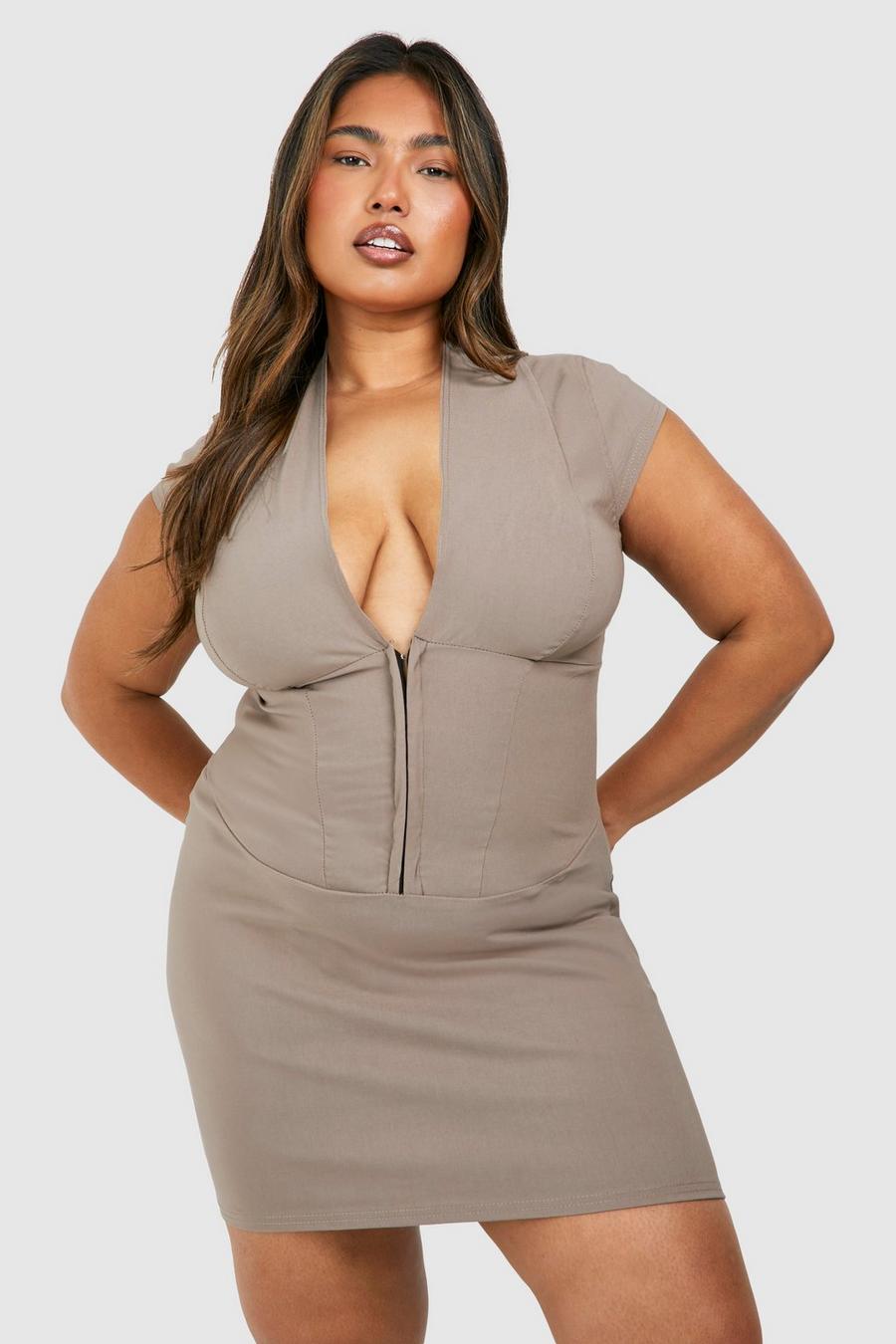 Taupe Plus Corset Hook And Eye Bodycon Dress 