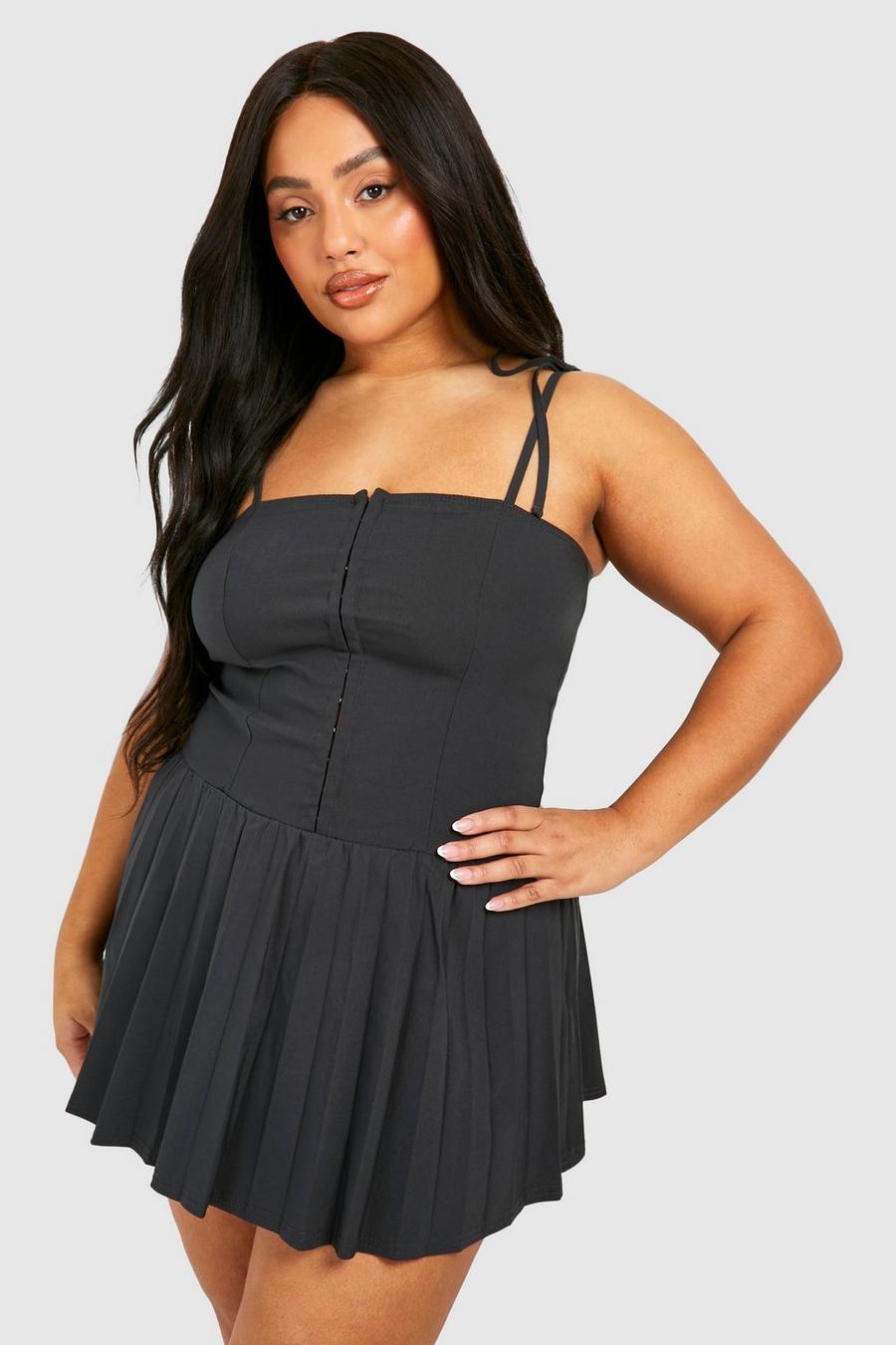 Charcoal Plus Hook And Eye Tie Shoulder Pleated Dress