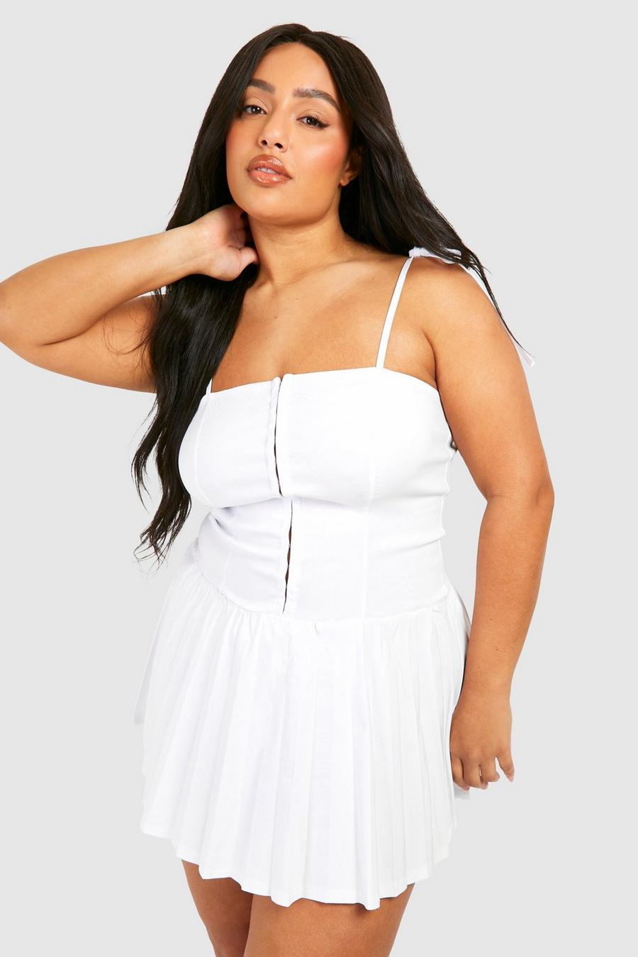 White Plus Hook And Eye Tie Shoulder Pleated Dress 