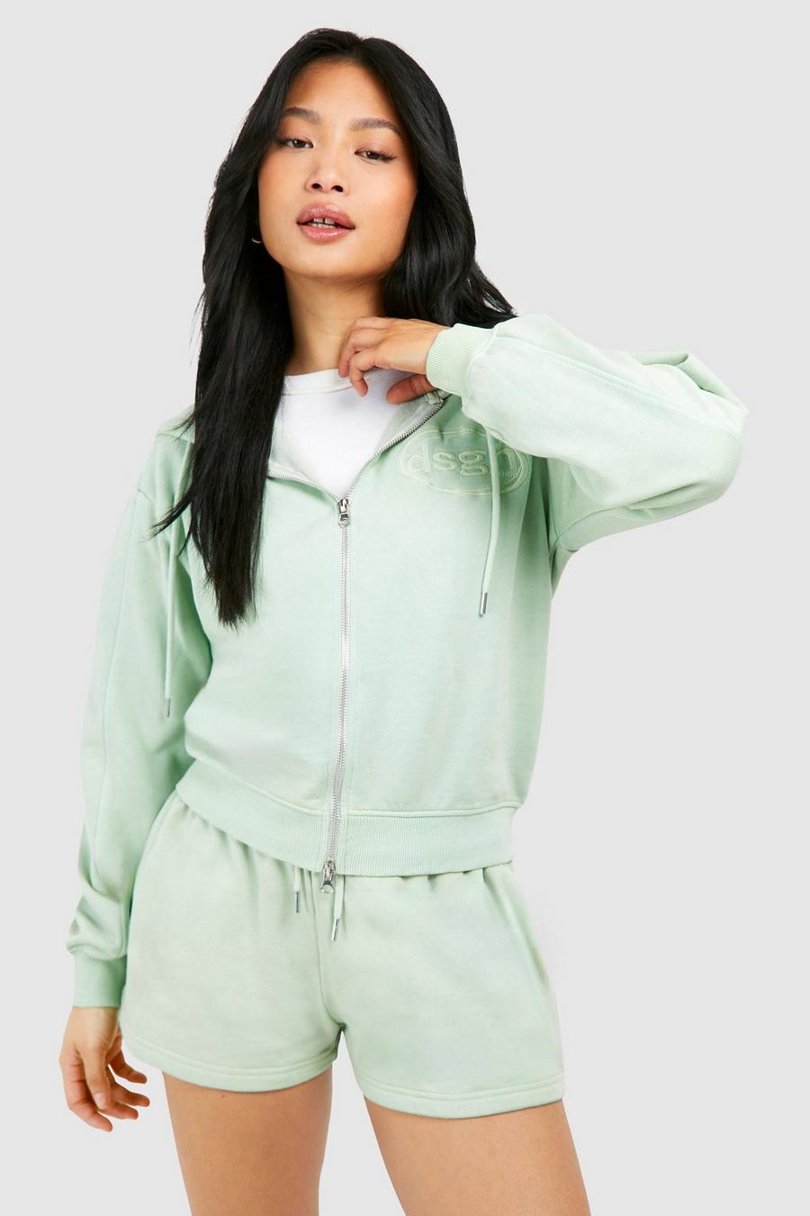 Green Icon Dsgn Embroidered Hoodie Washed Short Tracksuit