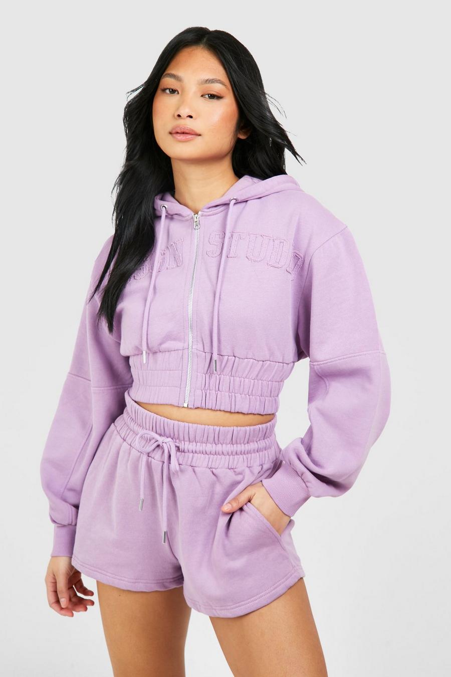 Lilac Icon Dsgn Applique Cropped Hoodie Washed Short Tracksuit