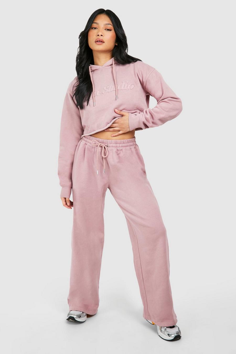 Pink Petite Dsgn Cropped Hoodie Wide Leg Washed Tracksuit
