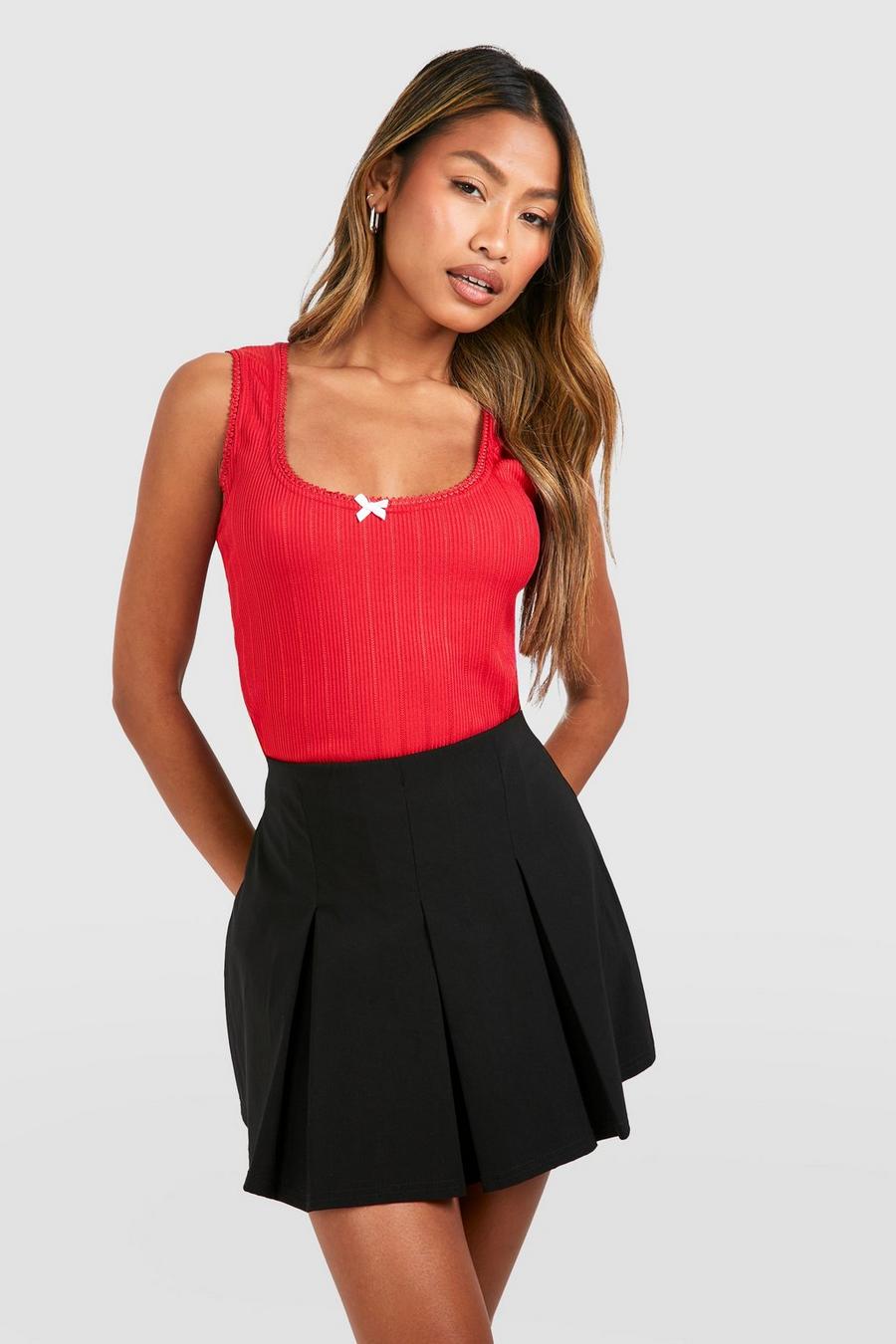 Red Lace Trim Ribbed Bow Detail Tank Top