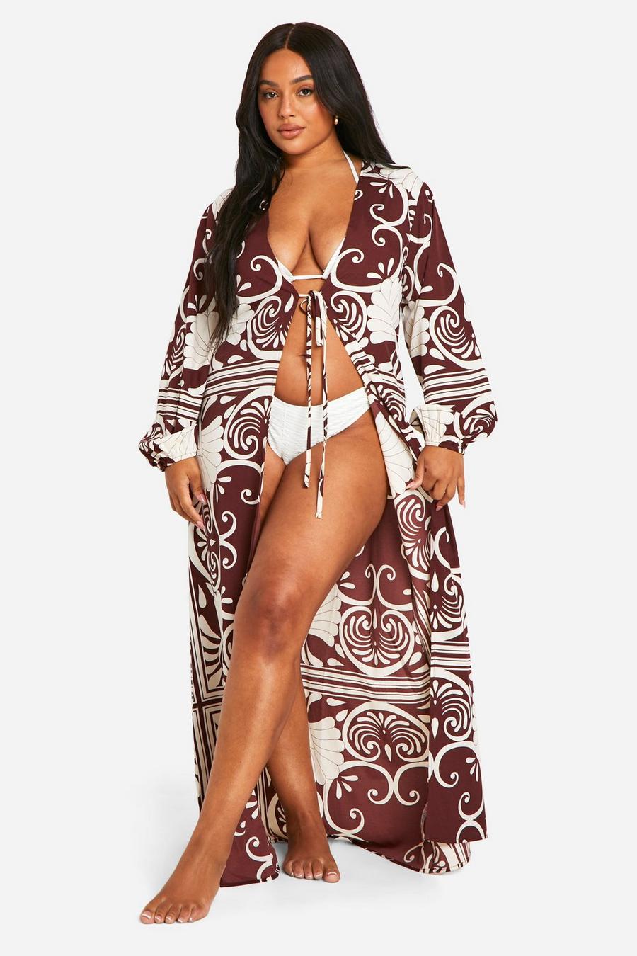 Dark brown Plus Abstract Maxi Beach Cover Up