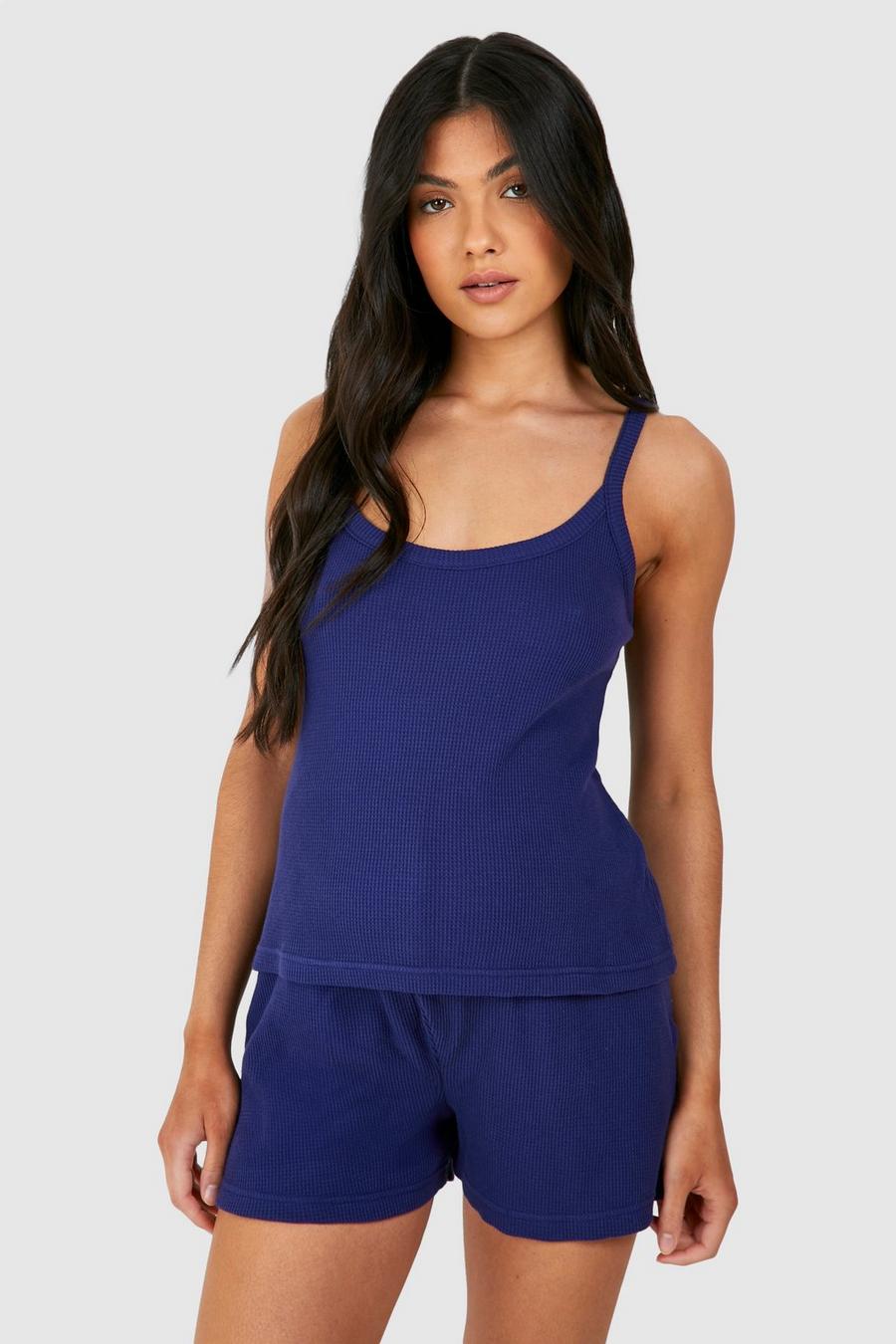 Navy Maternity Waffle Cami Top And Short Lounge Set