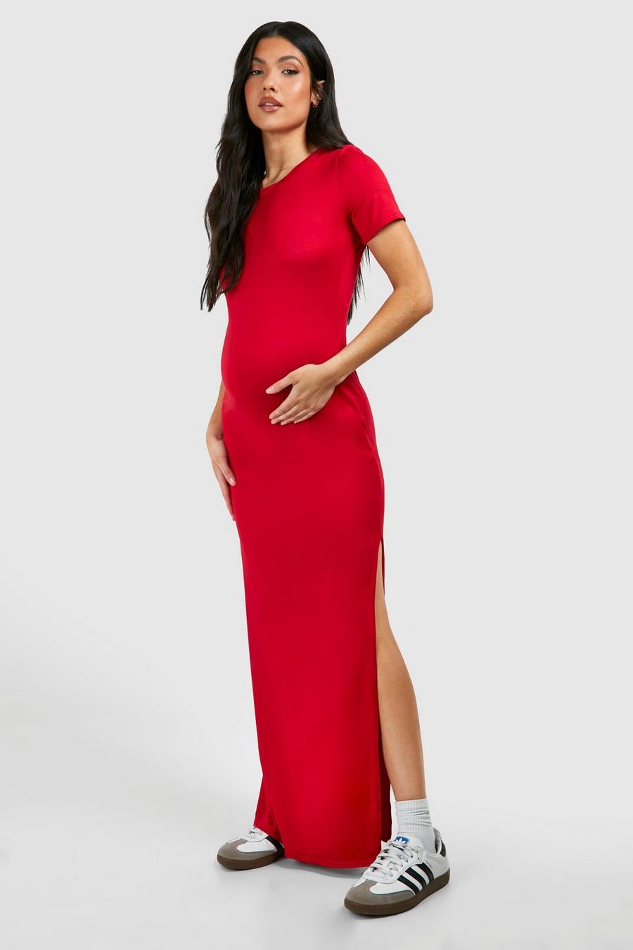 Red Maternity Short Sleeve Split Hem Supersoft Maxi Dress image number 1