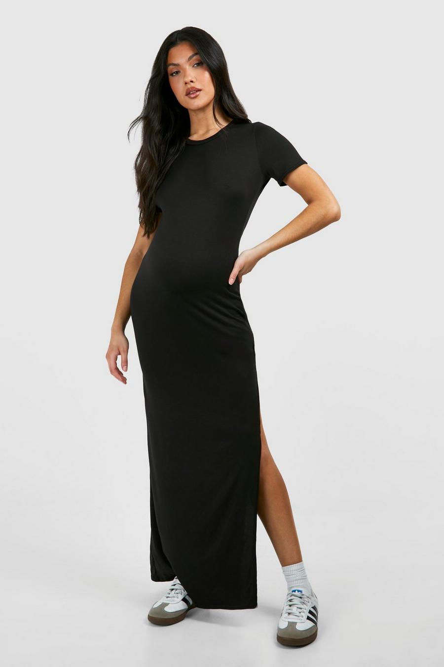 Black Maternity Short Sleeve Split Hem Supersoft Maxi Dress