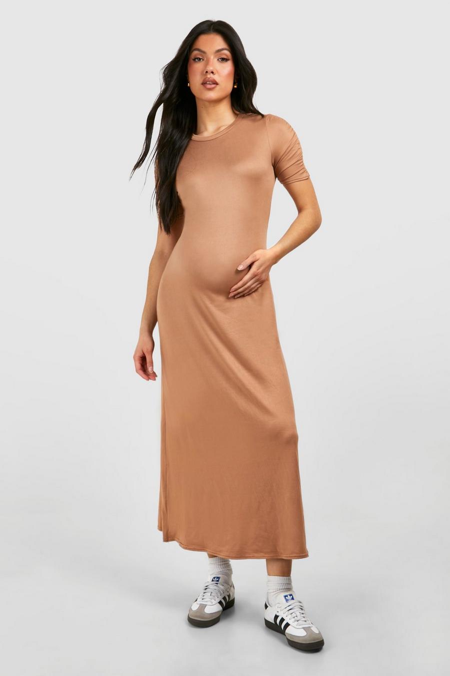 Camel Maternity Ruched Sleeve Supersoft Column Midaxi Dress image number 1