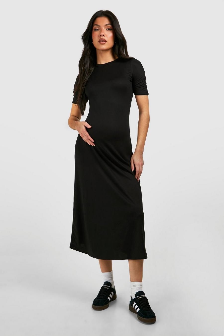 Black Maternity Ruched Sleeve Supersoft Column Midi Dress