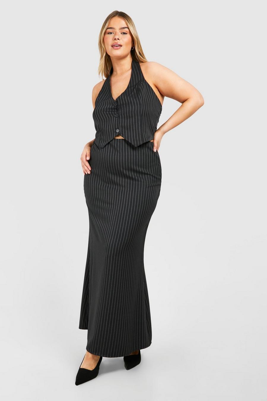 Black Plus Woven Pinstripe Tailored Maxi Skirt  image number 1