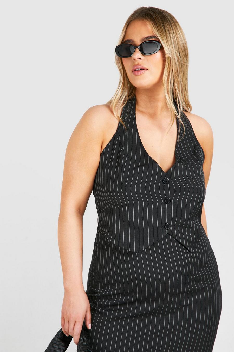 Black Plus Woven Pinstripe Tailored Vest image number 1