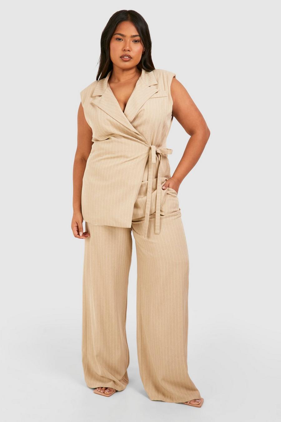 Sand Plus Woven Pinstripe Tailored Wide Leg Pants image number 1