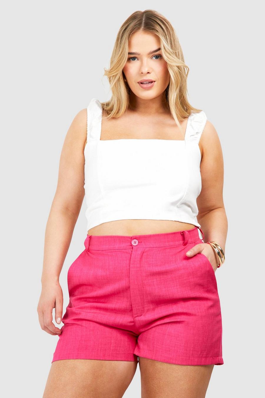 Pantalón corto Plus entallado efecto lino, Hot pink