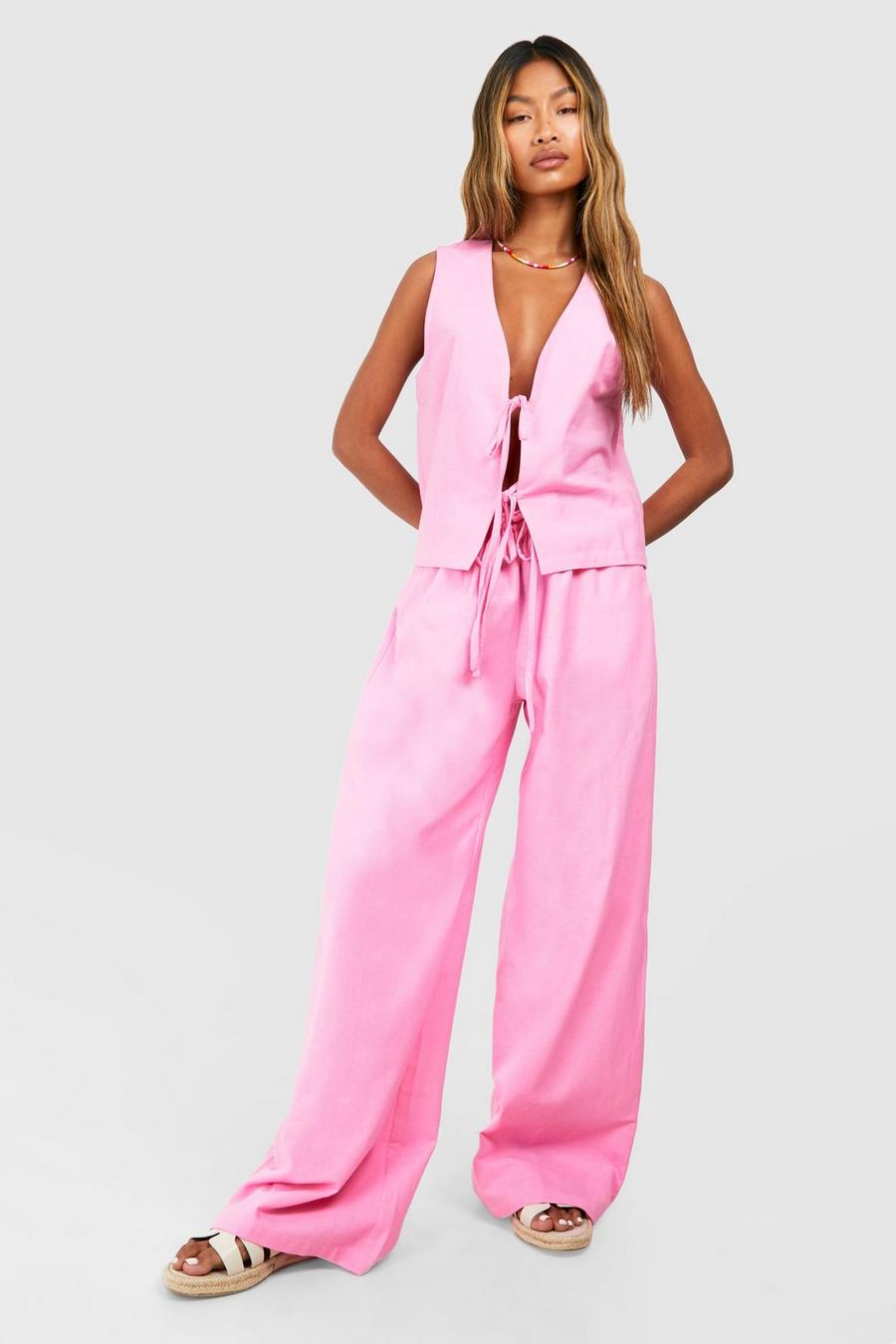 Pink Linen Look Tie Front Crop & Wide Leg Trousers