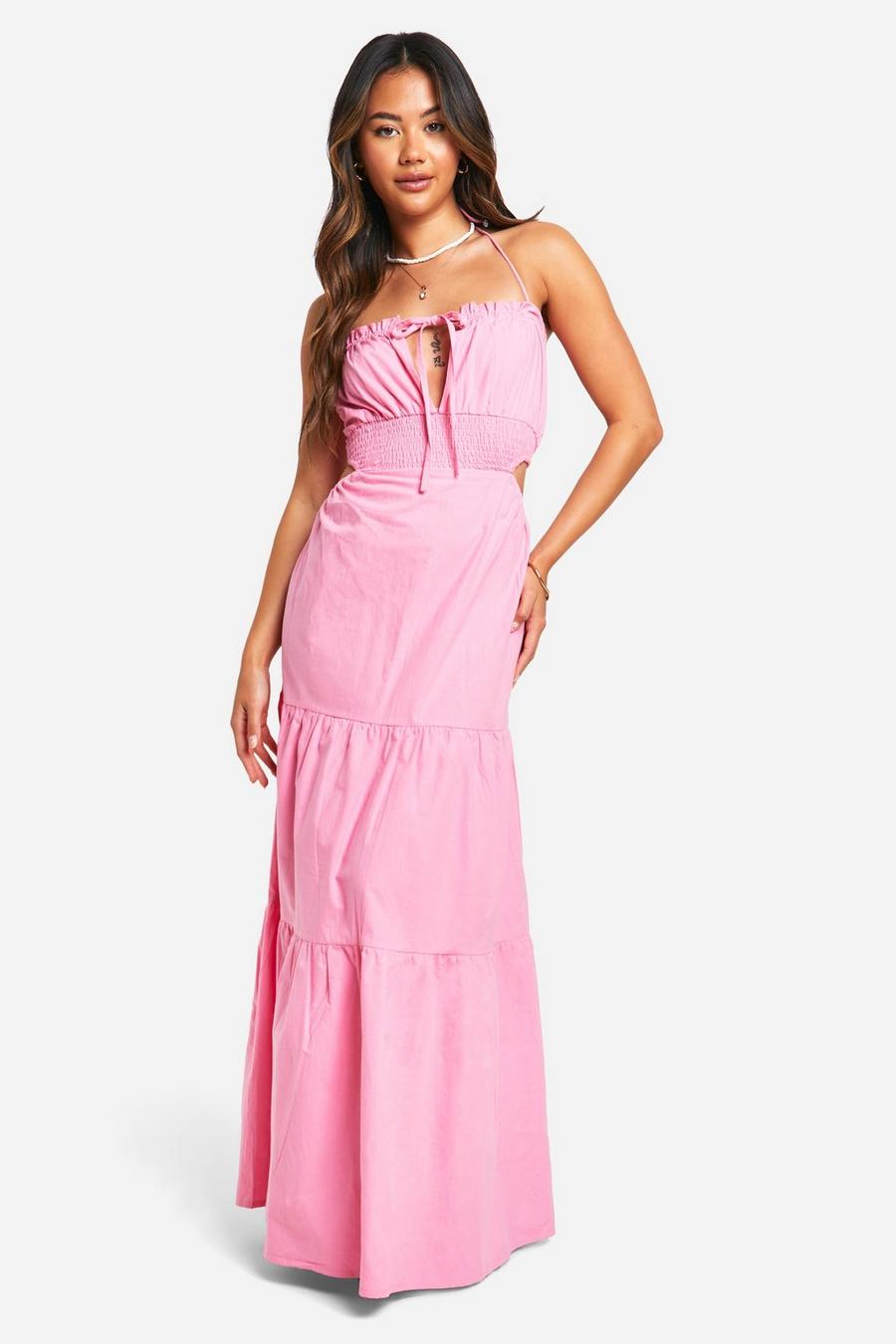 Pink Cotton Poplin Tiered Maxi Dress