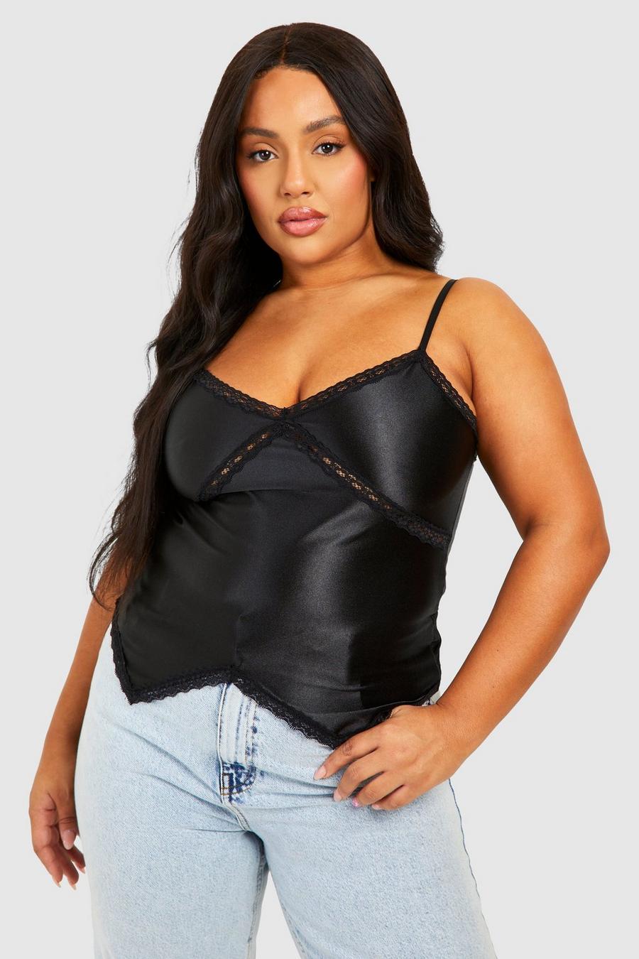 Black Plus Stretch Satin Lace Cami Top  image number 1