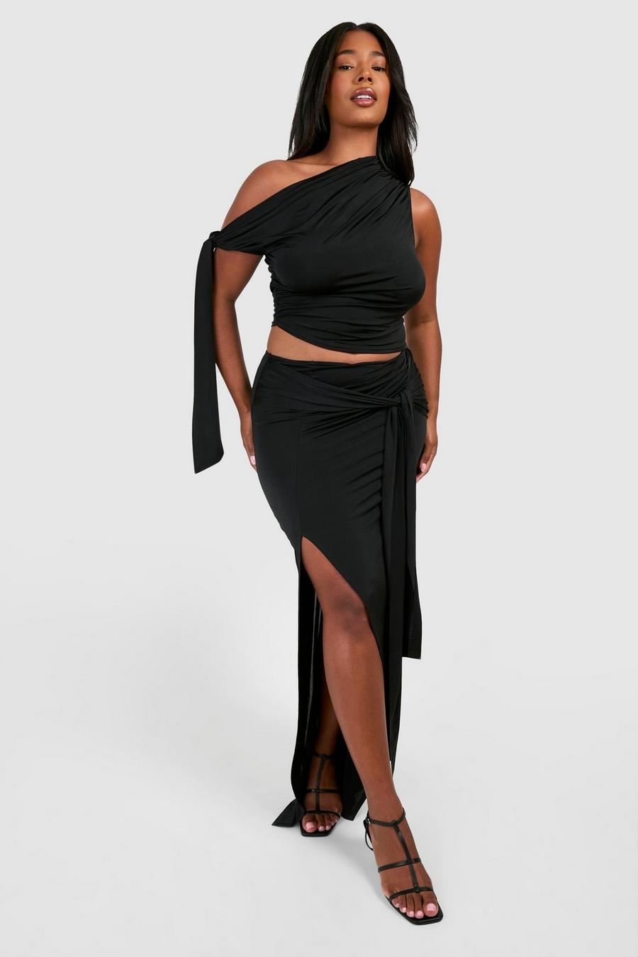 Black Plus Tie Front Bodycon Maxi Skirt  image number 1
