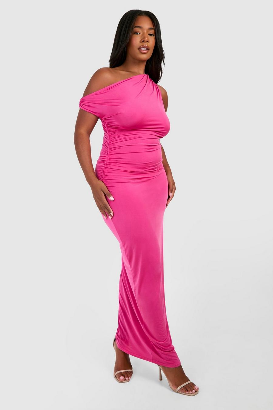 Magenta pink Plus Twisted Ring Detail Off The Shoulder Asymmetric Maxi Dress 