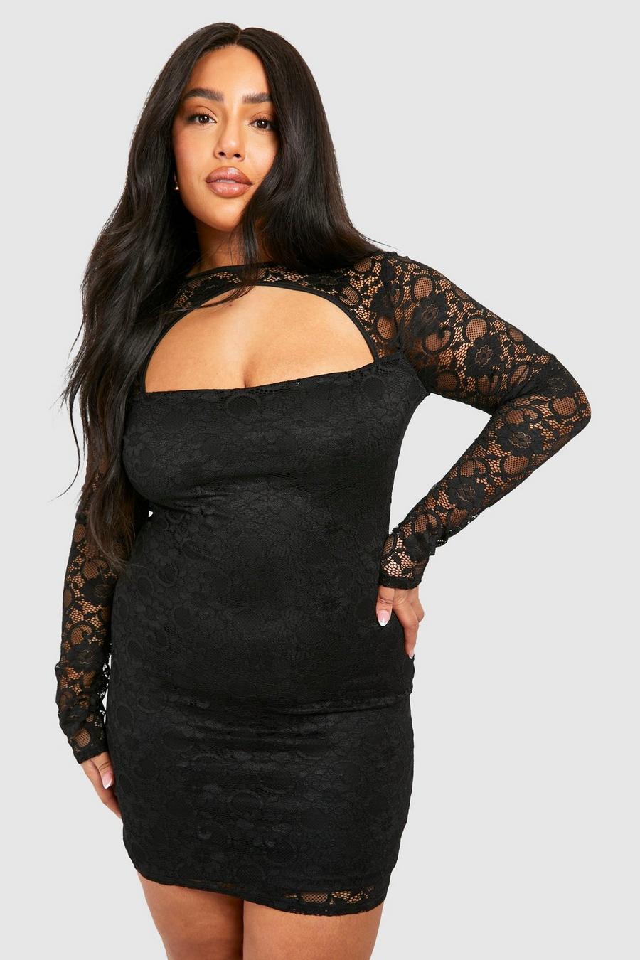 Black Plus Lace Long Sleeve Mini Dress  image number 1