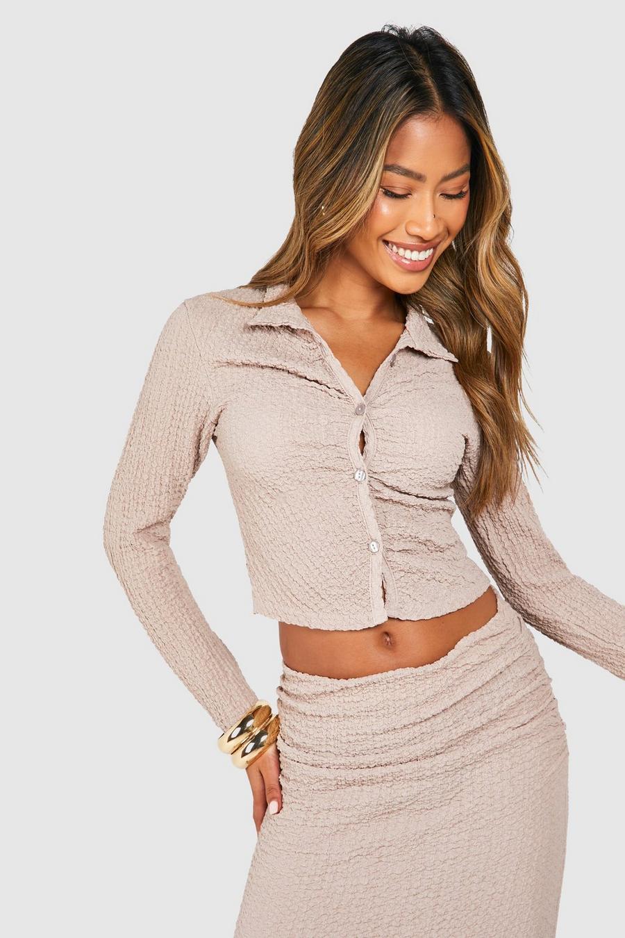 Taupe Ladder Knit Ruched Long Sleeve Shirt  image number 1