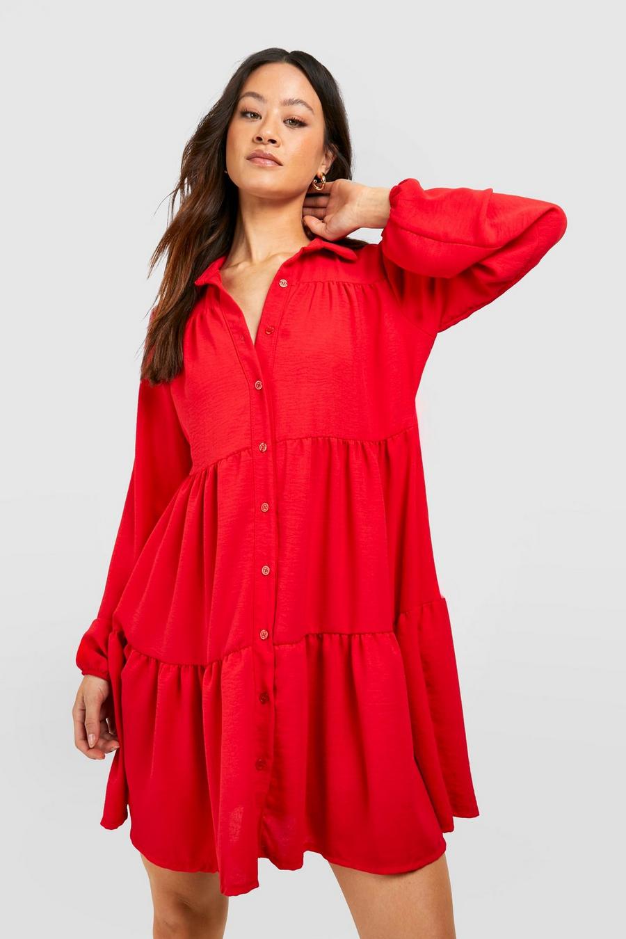 Red Tall Woven Hammered Smock Dress  