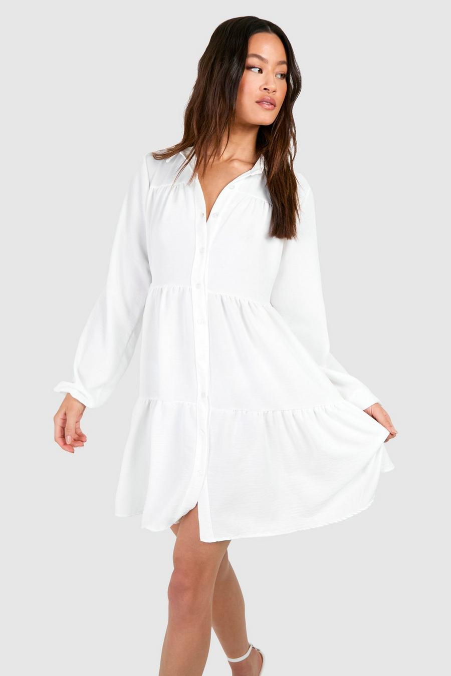 White Tall Woven Hammered Smock Dress 