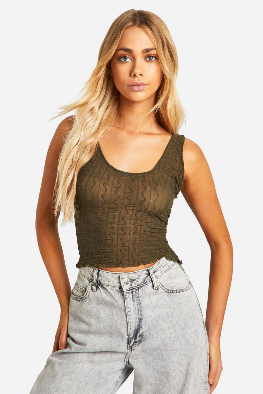 Khaki Textured Mesh Scoop Strappy Tank Top image number 1