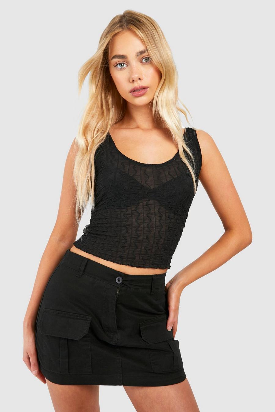 Black Textured Mesh Scoop Strappy Tank Top image number 1